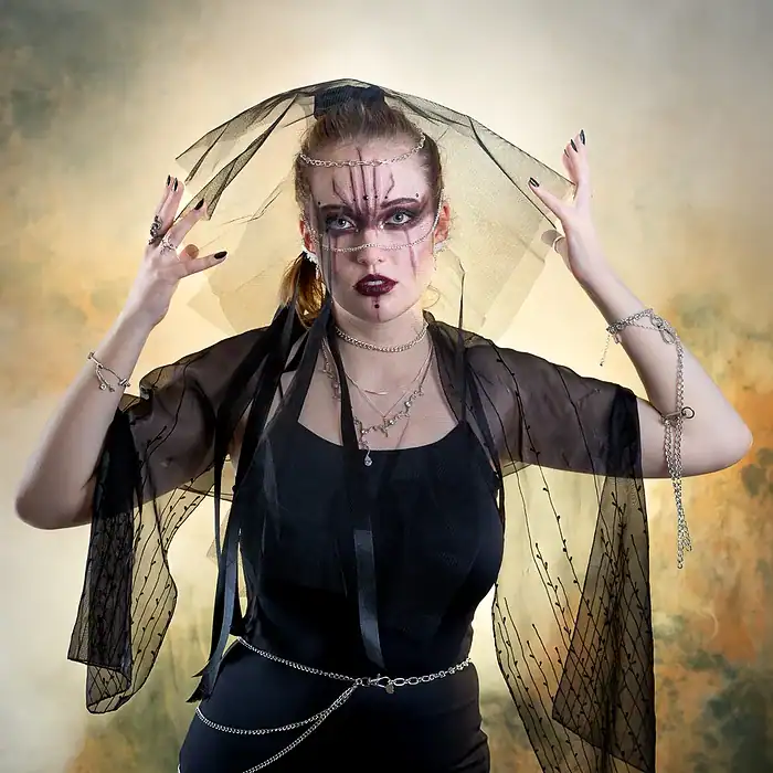 Studio portrait of a woman wearing a black veil with dramatic makeup and elegant styling
