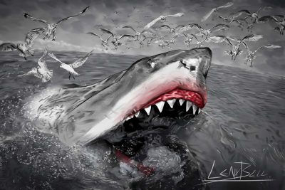 Great white shark jaws breaking the surface of the ocean