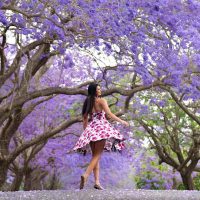 Lifestyle portrait of girl in colourful dress walking along jacaranda-lined avenue with purple flowers in bloom