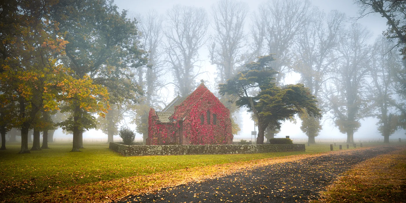 Gostwyck Chapel shrouded in morning mist New England High Country New South Wales Australia fine art print