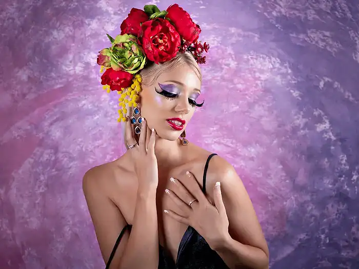 Glamour portrait of a woman wearing a flower headdress