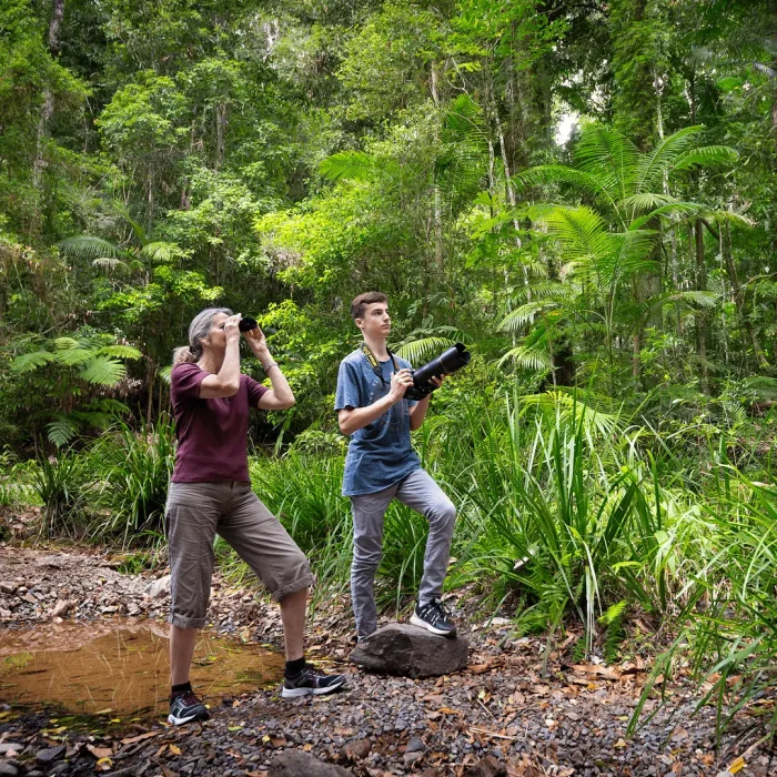 Mother and son bird watching in the rainforest