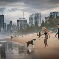 People walking on a Gold Coast beach with a person walking a dog in the foreground