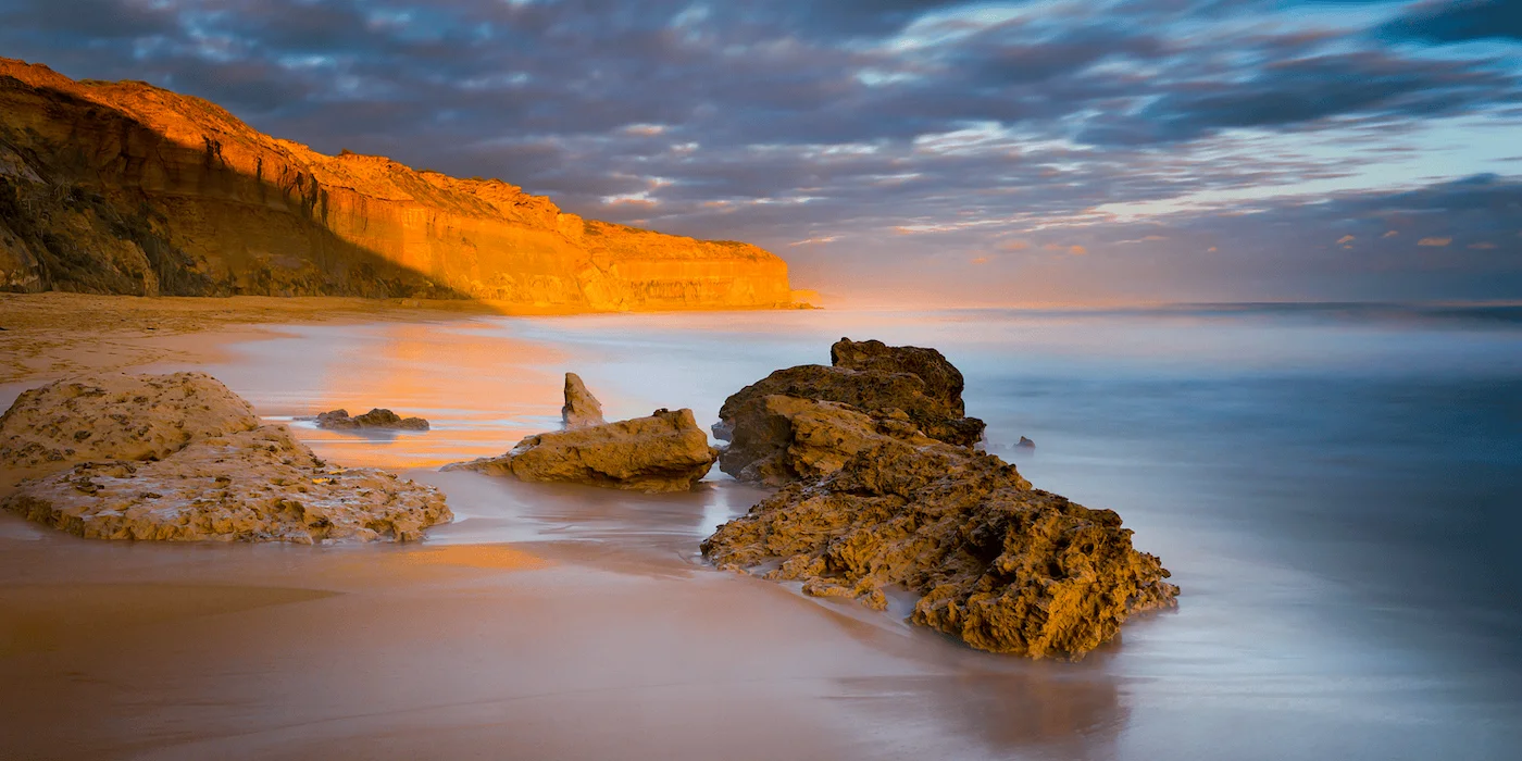 Golden glow sunlight over Gibson Steps Beach Great Ocean Road Victoria Australia coastal landscape fine art print