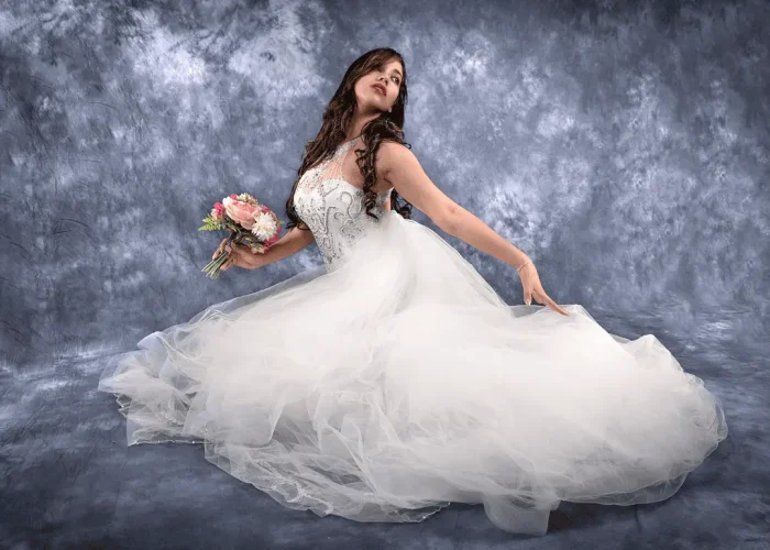 Studio portrait of a lady in a wedding dress